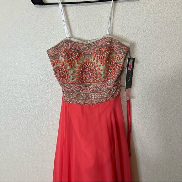 Vivi Ta orange coral beaded strapless chiffon fit and flare dress NEW 2 - Picture 2 of 6